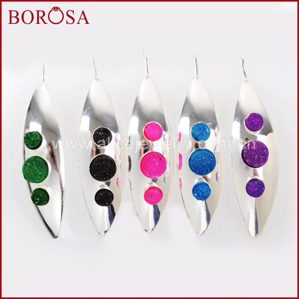 

BOROSA 3/5Pairs Silver Color Three Round Rainbow Druzy Marquise Dangle Earrings Drusy Drop Earrings Jewelry for Women ZS0253