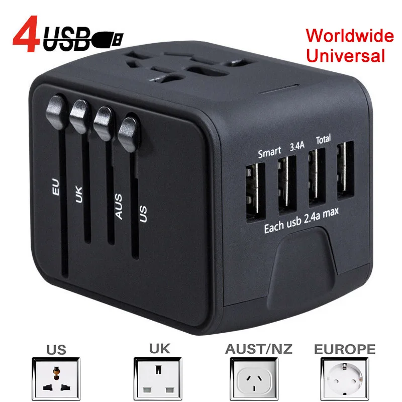 

For UK/EU/AUS/US Travel Adapter International Universal Power Adapter Plug All-in-one with 3.4A 4 USB Worldwide Wall Charger