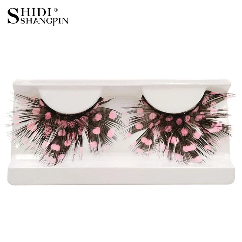 

1 Pair Pink Dot Long Feather Eyelashes Makeup Party Stage False Fake Lashes Beauty Eye Make Up