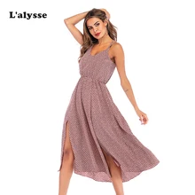 LALYSSE 2019 Summer Women Split Dress Chiffon Print Spaghetti Strap Sexy Elegant Dress Casual Sleeveless Open Back Beach Dress LALYSSE 2019 Summer Women Split Dress Chiffon Print Spaghetti Strap Sexy Elegant Dress Casual Sleeveless Open Back Beach Dress