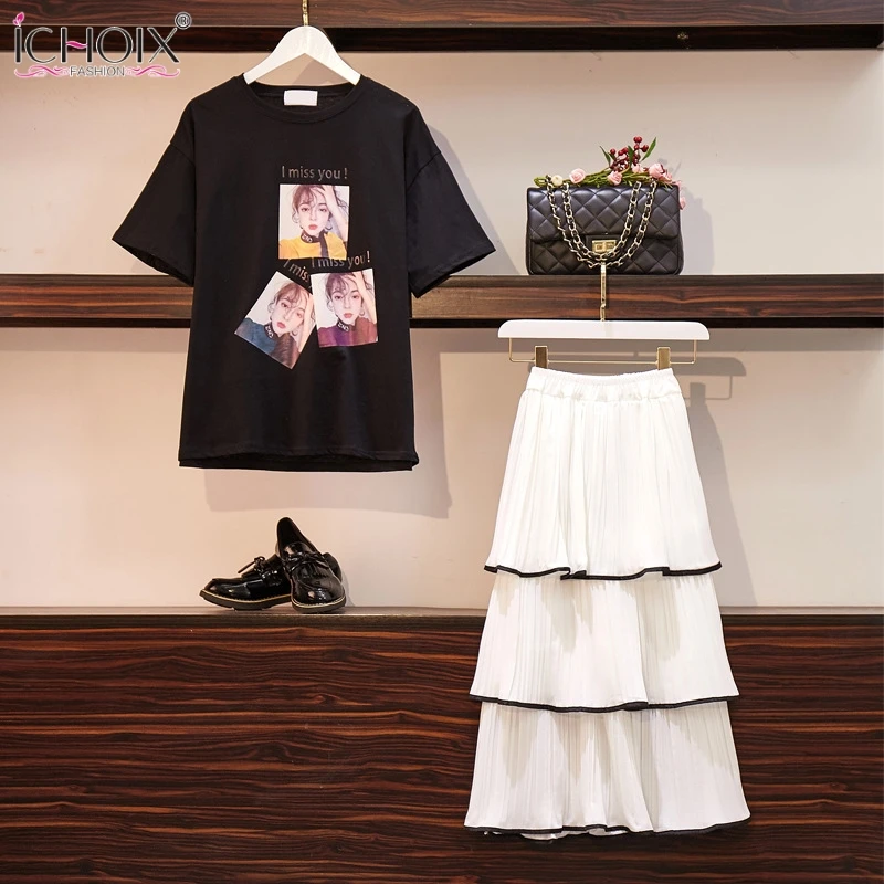 

Chiffon Skirt 2 Pieces Sets Summer Big Size Women Clothes Ruffles Long Skirt t Shirt Two Piece Outfits Plus Size Skirt Set 2019