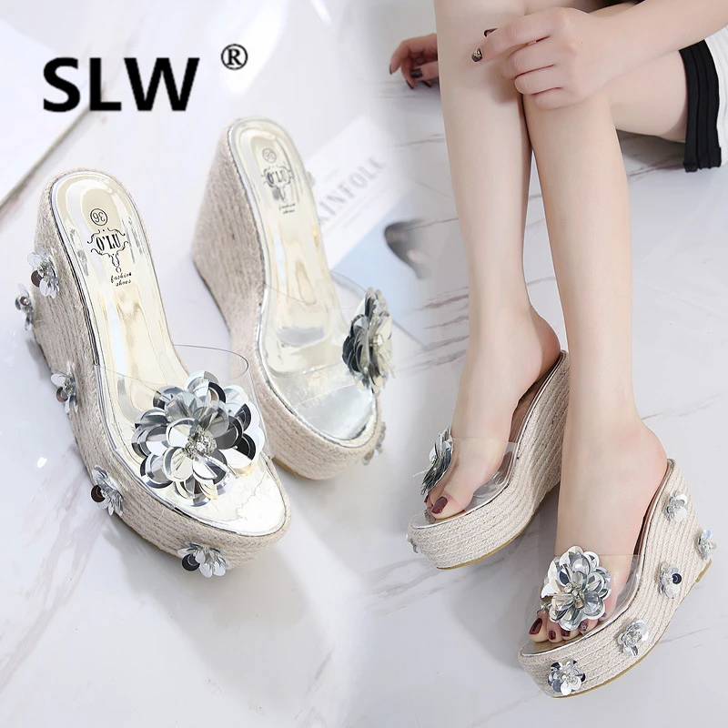

Slippers Women Summer On A Wedge Slides Low Women's Shoes 2019 Flower Knitted Bling Bling Platform Sliders New Plastic Floral
