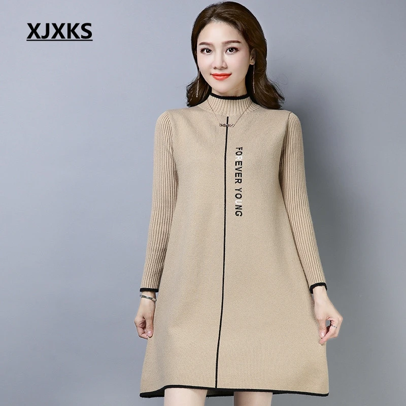 

XJXKS High quality fashion young ladies pull femme long sweater half-turtleneck knitted 2019 new arrival women sweater dress