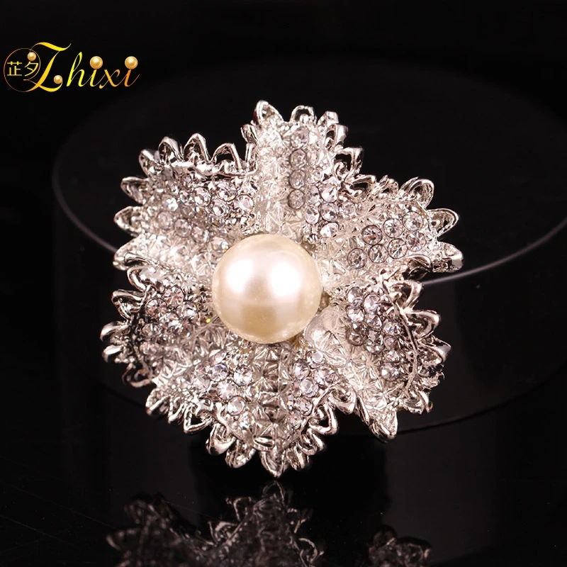 

ZHIXI Fine Pearl Jewelry Flower Brooch Pin Real Freshwater Pearl Brooches For Women White 9-10MM Trendy Flower Gift B154