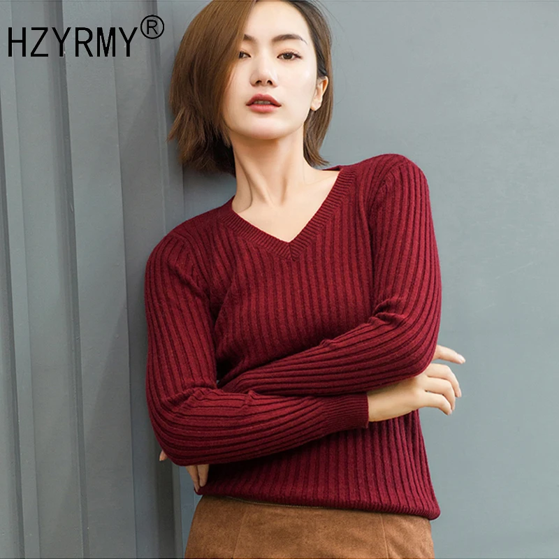 HZYRMY Spring and Autumn New Women' Cashmere Sweaters Fashion V-Neck Slim Pure color Pullover Blouse Wool Knitted Short Sweaters