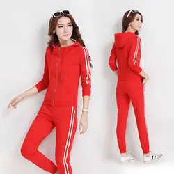 Костюм для досуга женские осенние корейские узкие с капюшоном с длинными рукавами спортивной сплошной цвет модный костюм два комплекта