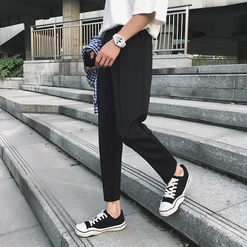 Летние новые девять точек длины сплошной цвет прямые свободные Harlan мужские повседневные брюки личности моды Классический тренд Молодежный простой - Цвет: black