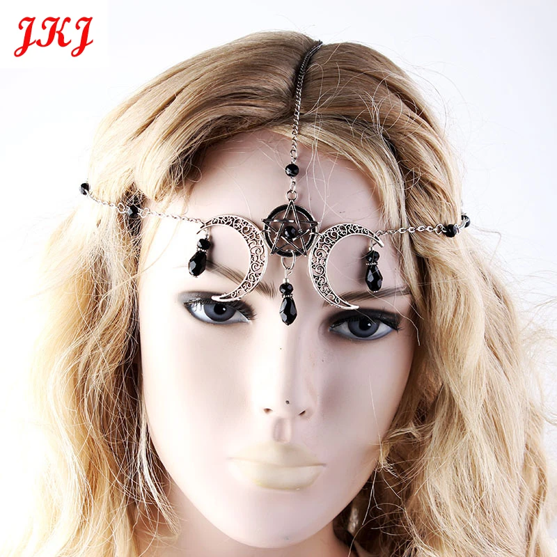 

JKJ Women Lady Metal Gold moon pentacle Black bat Multilayer Boho Head Chain Headband Hairstyle Hair Accessories Noctilucent