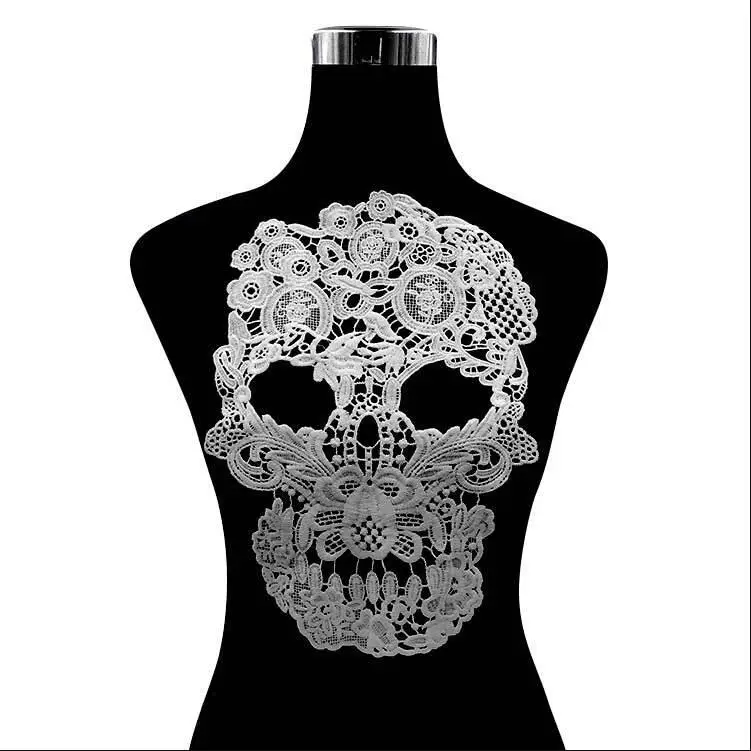 White Black Skull Skeleton Design Embroidery Lace Applique Sewing Patch 1 Piece DIY Sewing Garment Patch for Clothing Decor