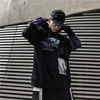

Men's New Hip Hop Letters printed Patchwork PVC pocket Hooides Sweatshirts Streetwear Oversized Couple Casual Hooded pullover