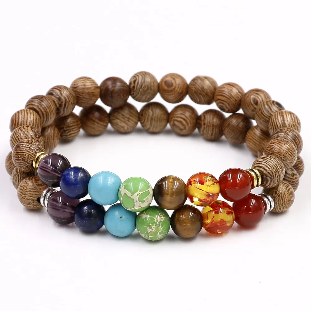 

2017 Handmade Jewelry 7 Colorful Natural Stone Beads Yoga Bangle Wooden Bead Chakra Bracelet For Women and Men Energy Meditation
