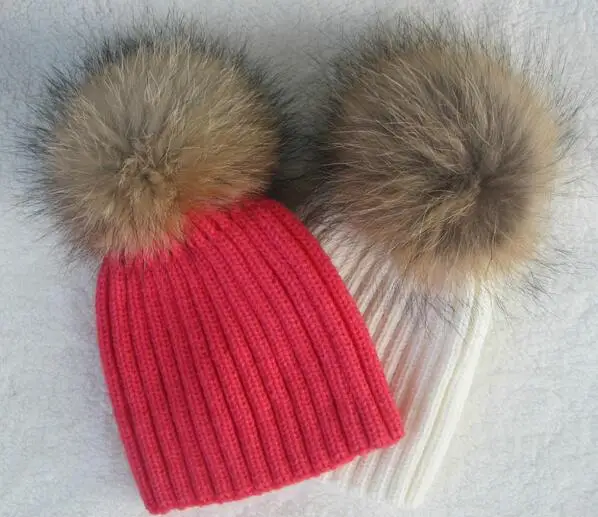 

[Dexing]kids hat baby 100% Real Raccoon Fur Hats Knitted Wool With Gunuine Fur Pompom ball Beanies Hat winter Cap For Children