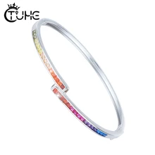 Простой стиль желтый розовый синий фиолетовый красный красочный Радужный Браслет для женщин 3 мм ширина браслет из стерлингового серебра S925 подарок