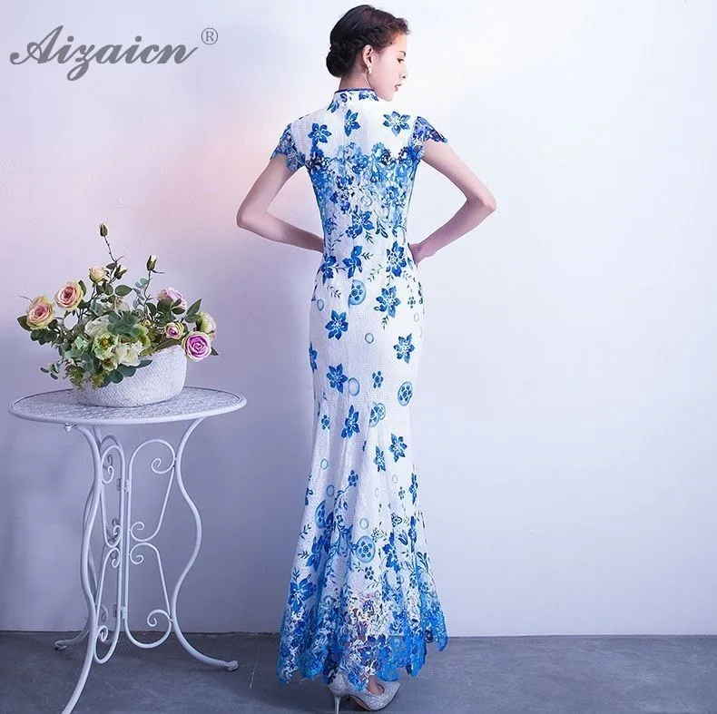 Модерано sirena azul Banco largo Cheongsam las mujeres chino vestido de noche Qipao Longue Femme Chinoise винтажные платья