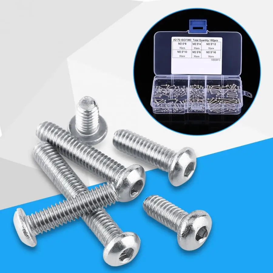 

180pcs/Set M2.5 Stainless Steel Pan Head Screws Kits High strength Hex Socket Screw Assortment Set For Wood Furniture