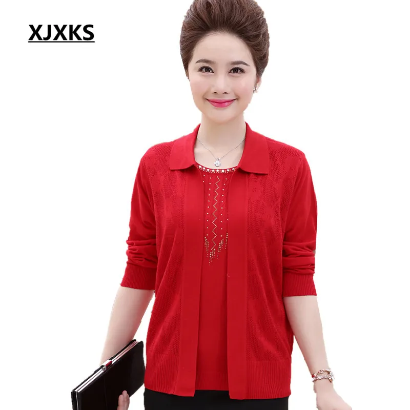 

XJXKS 2017 New Selling Women Two Pieces Sweater Set S-5XL Turn-down Collar Full Sleeve Woman Autumn Top + Sweater Coat