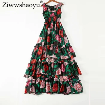 

Ziwwshaoyu Elegant Print Maxi dresses V-Neck Cascading Ruffle temperament Big pendulum dress Spring and summer new women's
