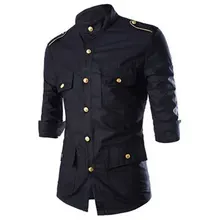 Solid Three Quarter Cotton DownShirts Golded Decoration Men2XL Casual Male Dress Fall Fit Clothes FreeShipping CamisaC04