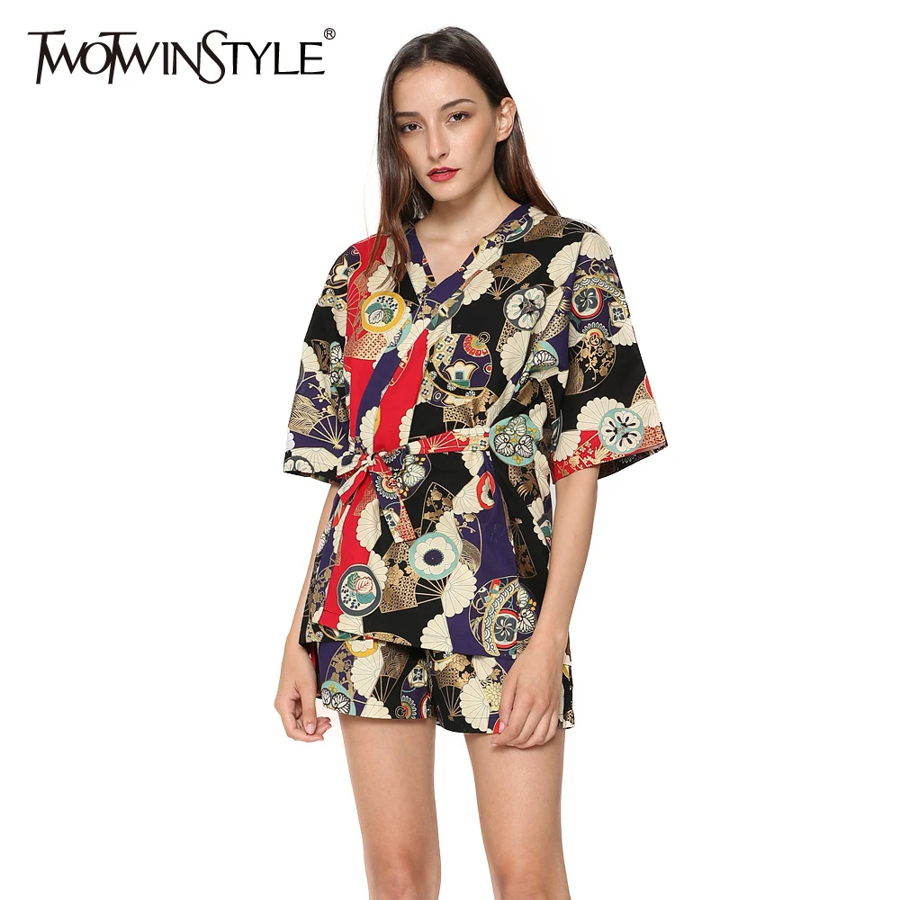 

TWOTWINSTYLE Printed Kimono Women's Shirt Blouse Female Short Sleeve Lace up Tracksuit Casual Clothes Large Big Size 2019 Spring