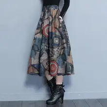 Винтажные шерстяные юбки размера плюс 4XL, Женская Зимняя юбка с модным принтом, длинная юбка макси с высокой талией, плиссированная юбка-пачка C3829