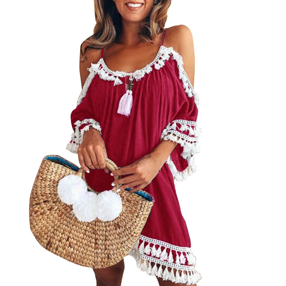 Летнее женское платье в богемном стиле с кисточками, Короткие Коктейльные Вечерние пляжные платья с кисточками, без рукавов, с открытой спиной, повседневные платья больших размеров L430 - Цвет: Red 3