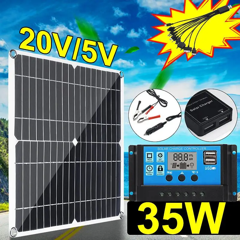35W Solar Panel 12V/5V 5 in1 Double USB Solar cell Monocrystalline with Car Charger for Outdoor Camping Emergency Light