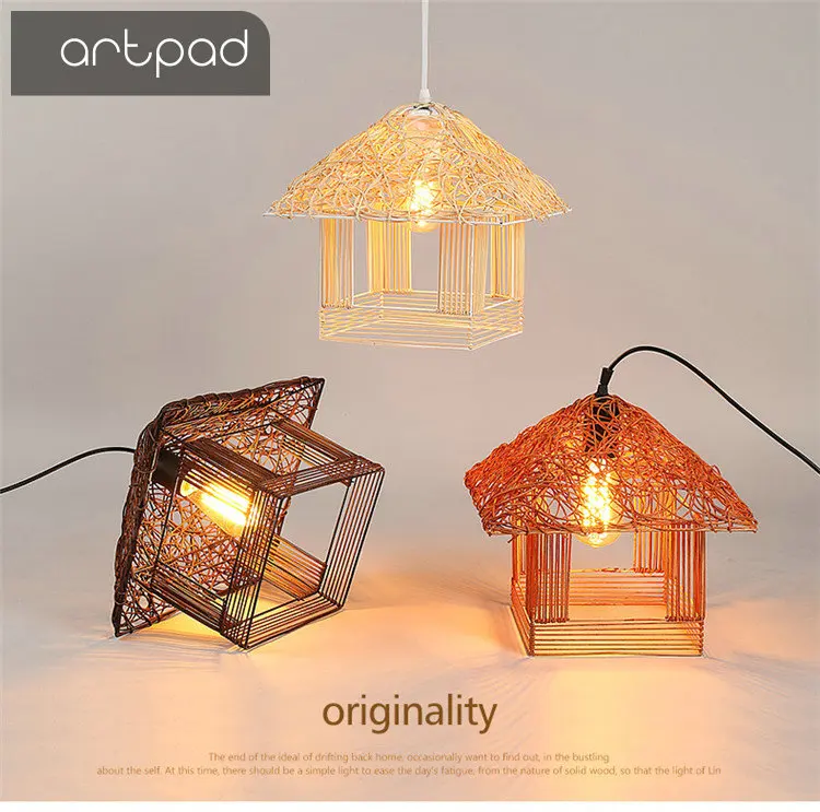 

Artpad Hand Knitted Wicker Pendant Lamp E27 Hanging Pendant Lights Miniature House Lights Garden Style Restaurant Lamp