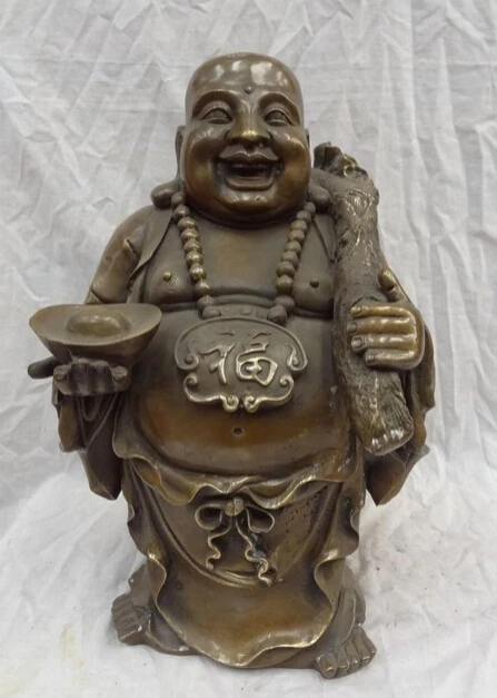 

dr610 16" Chinese Bronze Wealth YuanBao Happy Laughing Maitreya Buddha Statue Coin Bag