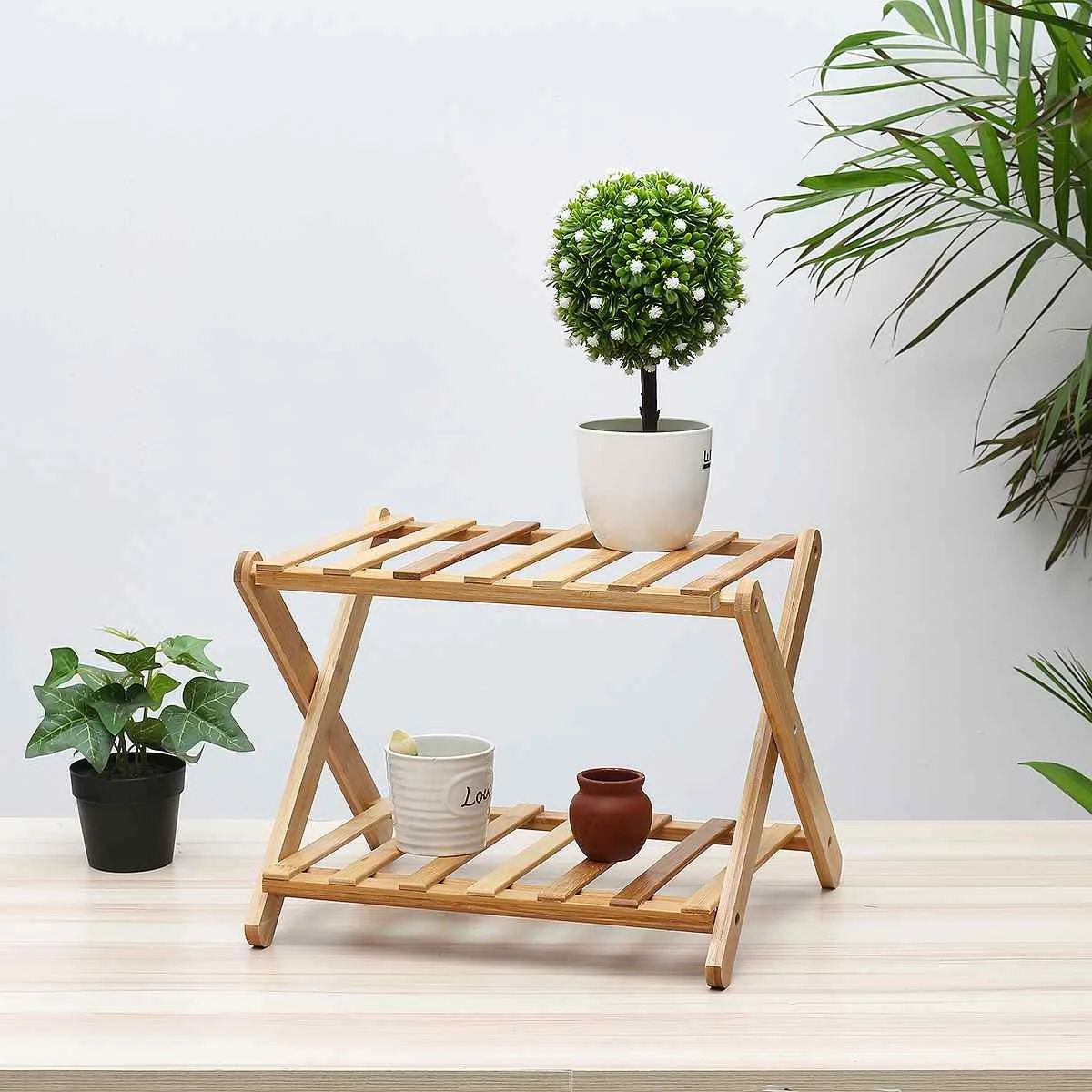 2/3/4/5 Tiers Foldable Natural Plant Stand Flower Pot Decor Shelf Garden Balcony Planter Flower Pot Tray Display Rack - Цвет: 38cm length 2 Tiers