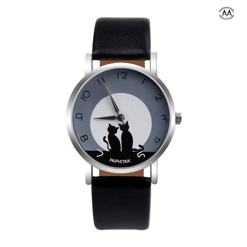 

PAPHITAK Womens Cute Cat Faux Leather Analog Quartz Watch Womens Watches Top Brand Luxury Fashion Saat Bayan Kol Saati