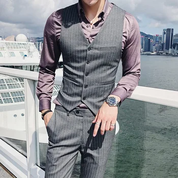 

British Style Waistcoat Mens Striped Colete Social Chaleco Slim Fit Hombre Business Blazers Slevless Gilet Homme Mariage Vests