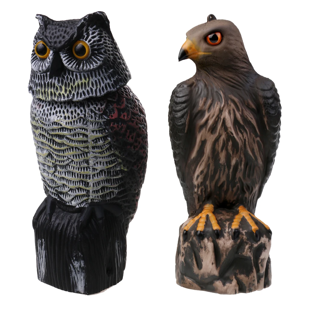 2 Pieces Realistic 3D Owl & Rotating Head and Eagle Decoy Hunting Shooting Bird Pigeon Scarer Scarecrow