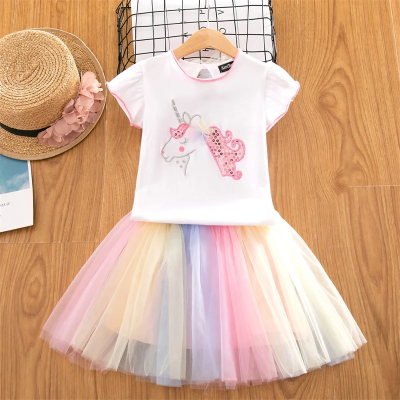 

Princess Unicorn Clothing Sets 2PCS Outfits Unicorn Tops + Mini Tutu Skirt Baby Girl Clothes Kids Children Party Girls Ball Gown