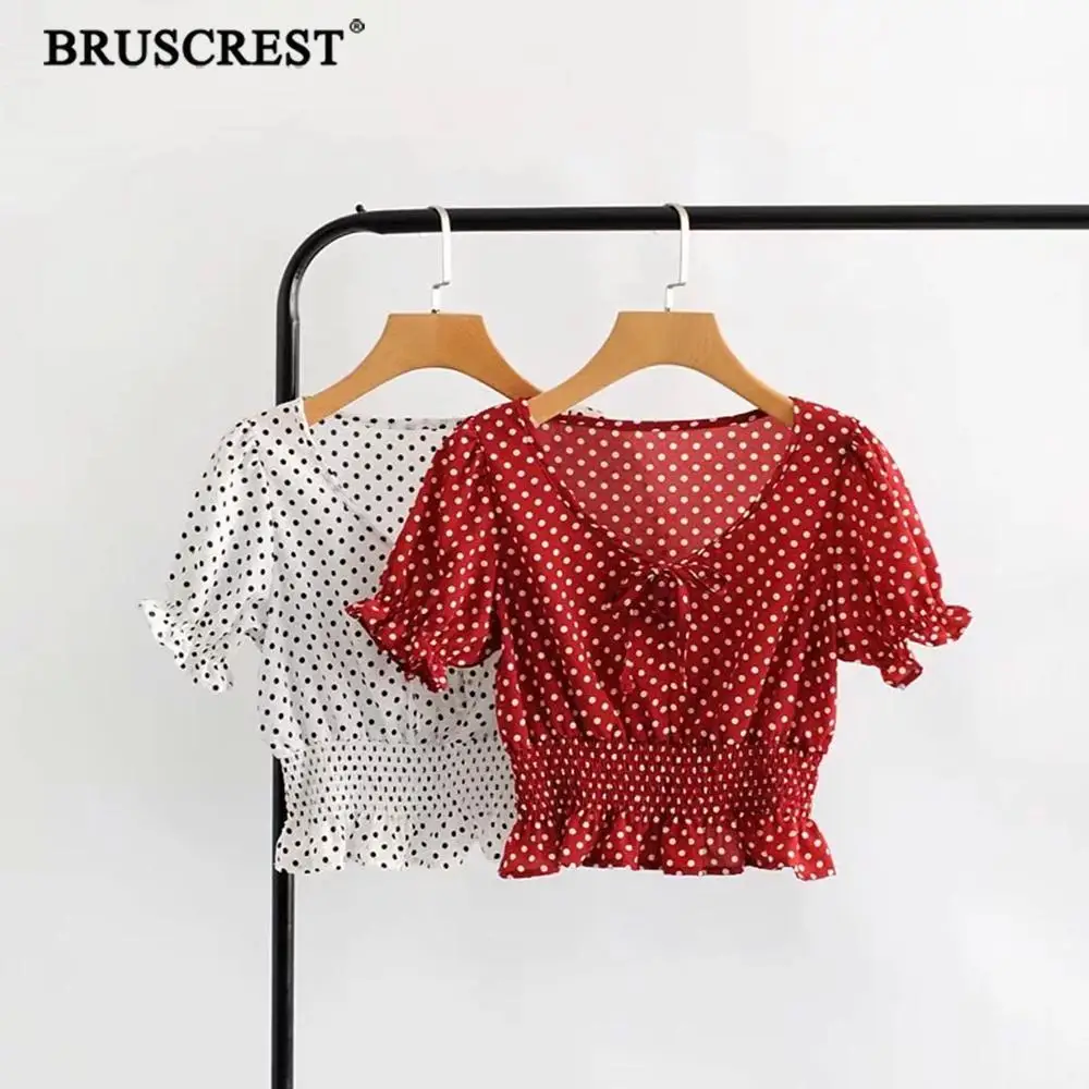 

2019 Boho vintage polka dot blouse women elegant ruffle Elastic waist short sleeve chiffon shirt Summer womens tops and blouses