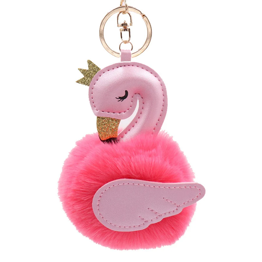 

Cute PU Leather Swan Plush Key Chain Fashion Ladies Bag Pendant Imitation Rabbit Hair Ball Car Ornaments Fur Keychain Key Ring