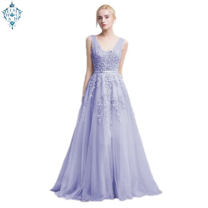 

Ameision Vestidos de festa Evening Dress Robe De Soiree with Lace Appliques Long Tulle Party Evening Dresses 2019 Pink Navy Blue
