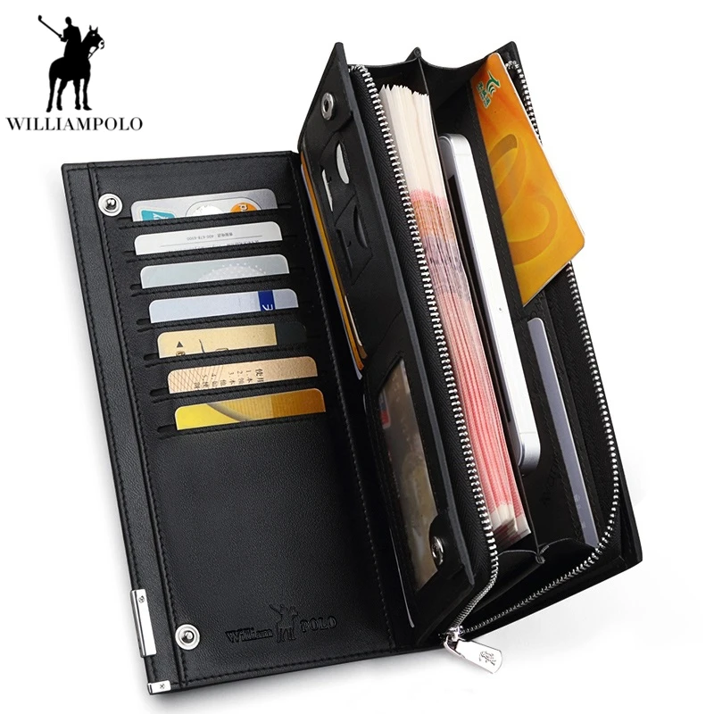 

WILLIAMPOLO 2018 Long Genuine Leather Men Wallet Fashion Design Sequined Phone Credit Card Holder Wallet Cow Leather PL209