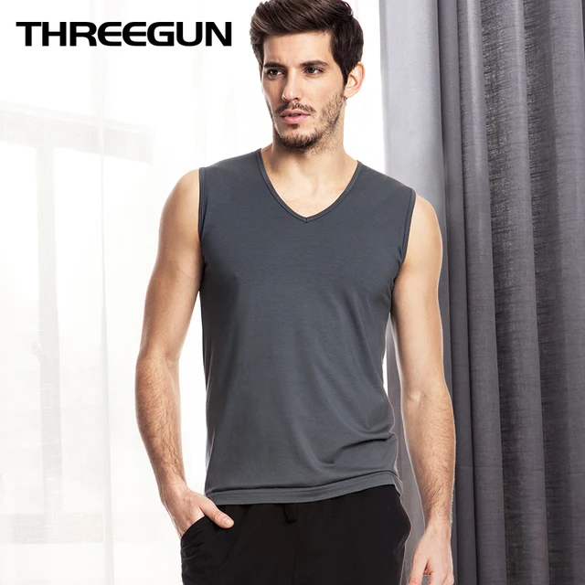 THREEGUN Brand Men Modal Undershirts Casual Gilet White Gray Black V-Neck Undershirts Gymclothing Fitness Sleeveless Tops Male