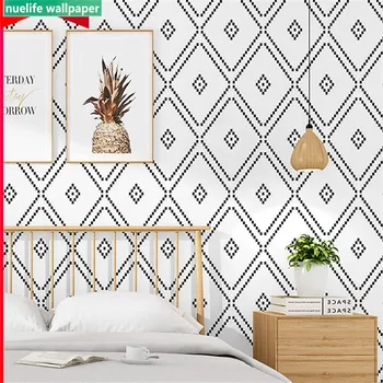 

Nordic style TV background black and white plaid study shop bedroom living room children's room modern minimalist wallpaper