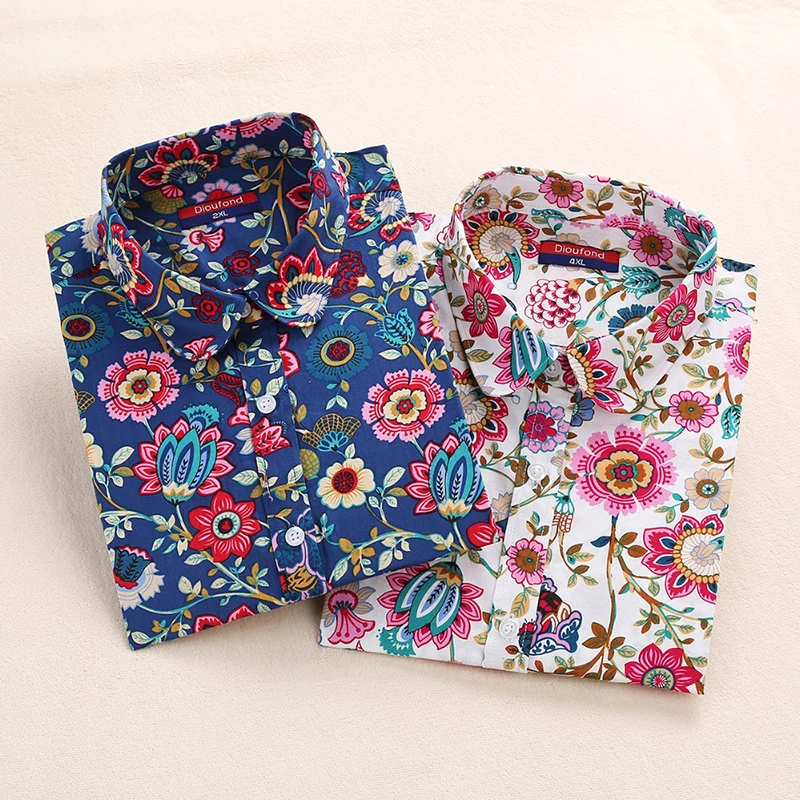 2018 Floral Women Blouses Long Sleeve Shirt Cotton Women Shirts Cherry Casual Ladies Tops Animal Print Blouse Plus Size 5XL