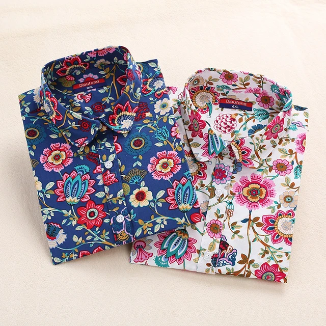 US $6.73 2020 Floral Women Blouses Long Sleeve Shirt Cotton Women Shirts Cherry Casual Ladies Tops Animal Pr