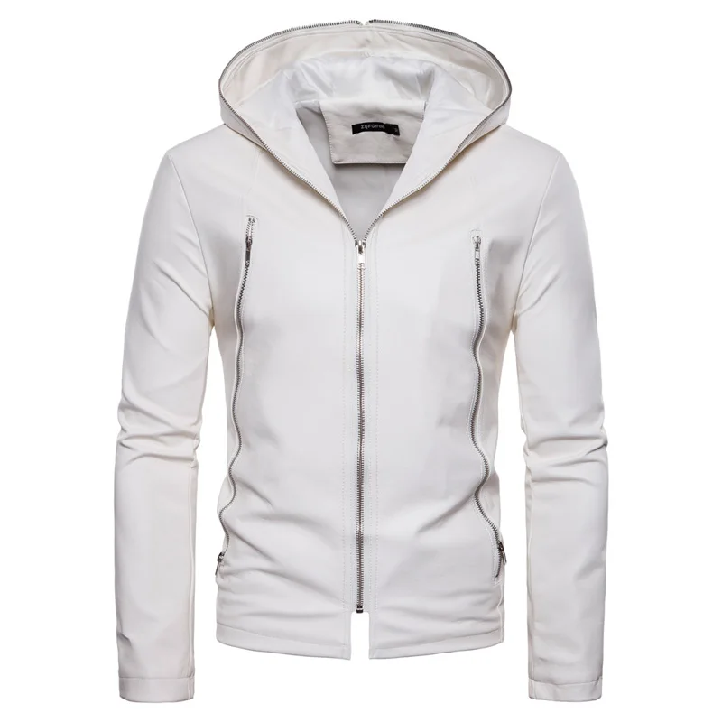 Mens Winter White Hooded Leather Jacket 2018 Brand New PU Leather Male Jackets And Coats Casual