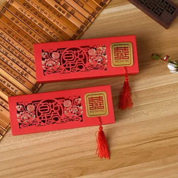 

Traditional Chinese Red Wedding Candy Box with Tassels Rectangle Hollow Style Double Happiness Sugar Case Wedding Favor Boxes