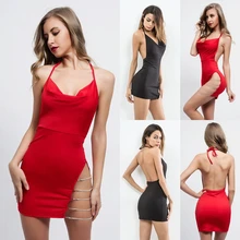 Sexy Women Bandage Halter Bodycon Solid Color Split Sleeveless Backless Cocktail Club Short Mini Dress Sexy Women Bandage Halter Bodycon Solid Color Split Sleeveless Backless Cocktail Club Short Mini Dress
