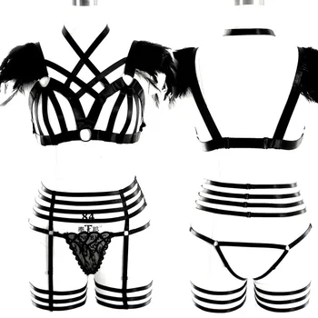 

Feathers Shoulder Epaulettes Harness Bra Harajuku Dance Dress Set Body Large Size Women's Underwear Garter Belt Art Clothing
