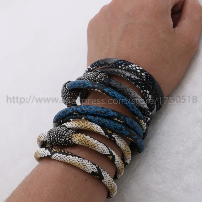 

1 piece Best sell Snake skin bangle 3 circle soft PU Bracelet magnet Clip Clasp pave cz charm bracelet for women 208
