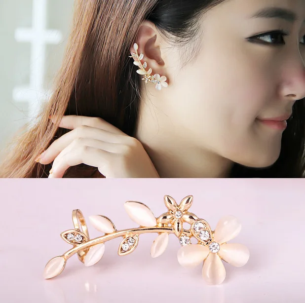 

Hot Fashion Gold-color Opal Leaves Flower Earrings For Women Ear Crystal Clip Earring Bijoux 1E253