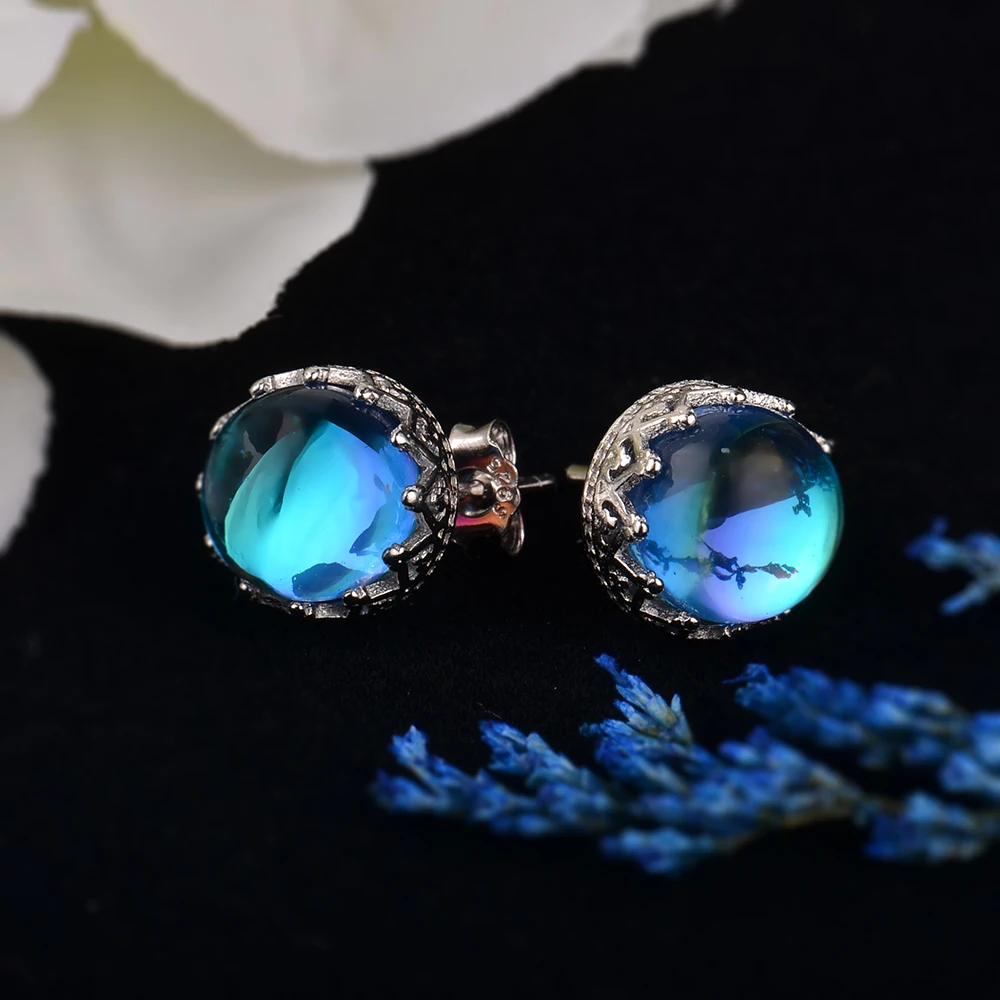 MosDream, синие круглые серьги-гвоздики с кристаллами,, s925, серебряная волна, кружево, простые элегантные серьги для женщин, драгоценный камень, ювелирное изделие, подарок