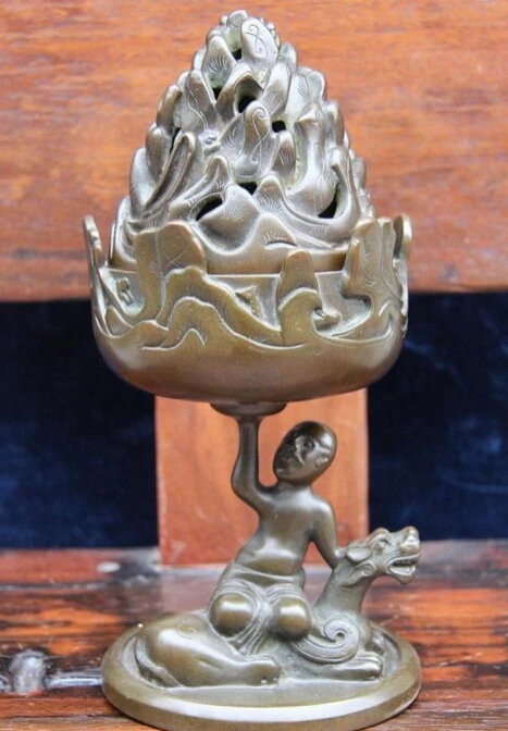 

Elegant old S1480 Marked China Buddhism Old Pure Bronze Copper Boy Sit Beast palace lantern Censer statue (A0322) A0403