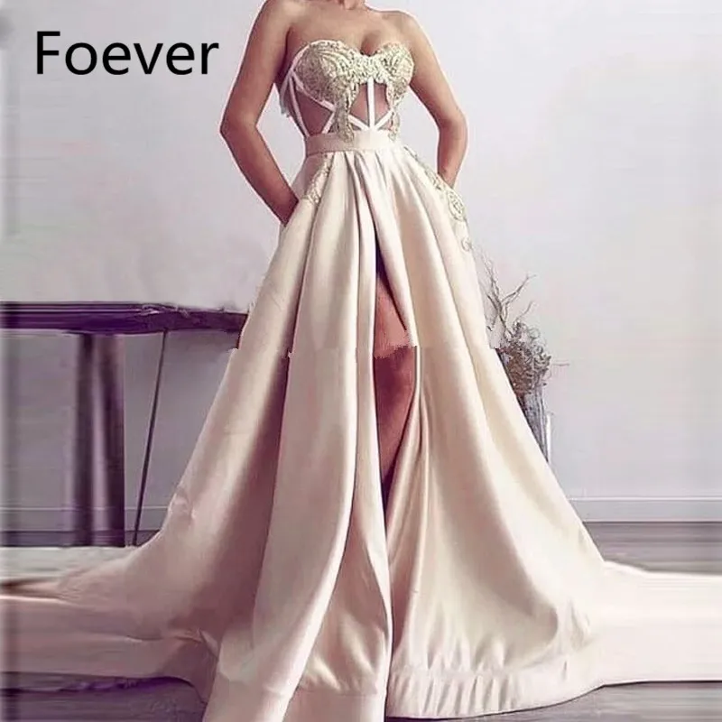 

Court Train Cut Out Top High Leg Slit Satin Dress Evening Party Champagne Long Prom Dresses 2019
